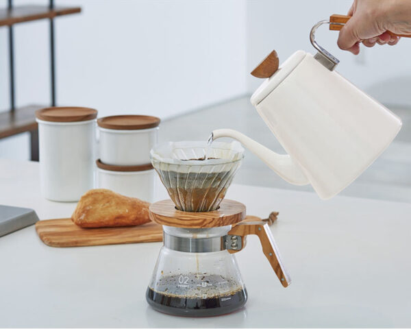 Hario Bona Coffee Drip Kettle – Enamel Pour Over Kettle with Wood Handle
