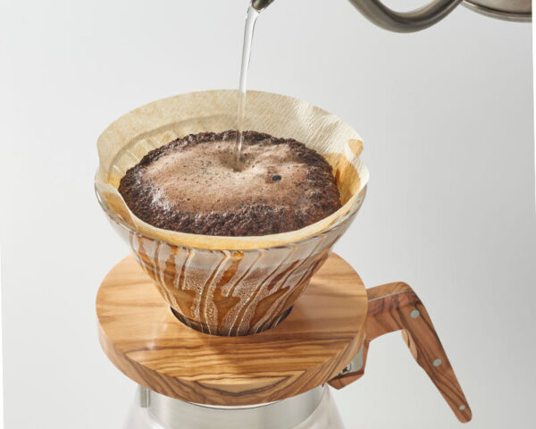 Hario V60 Glass Dripper Olive Wood Base – Stylish Pour Over Coffee Tool